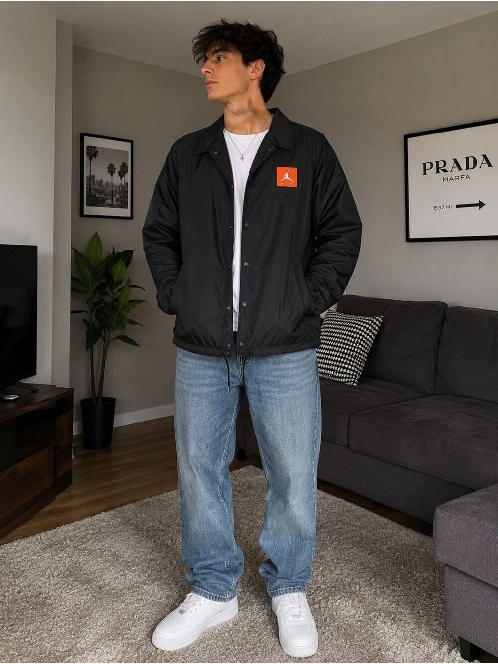 Jordan Black Coach Jacket Men's Large Snap Front Windbreaker Streetwear